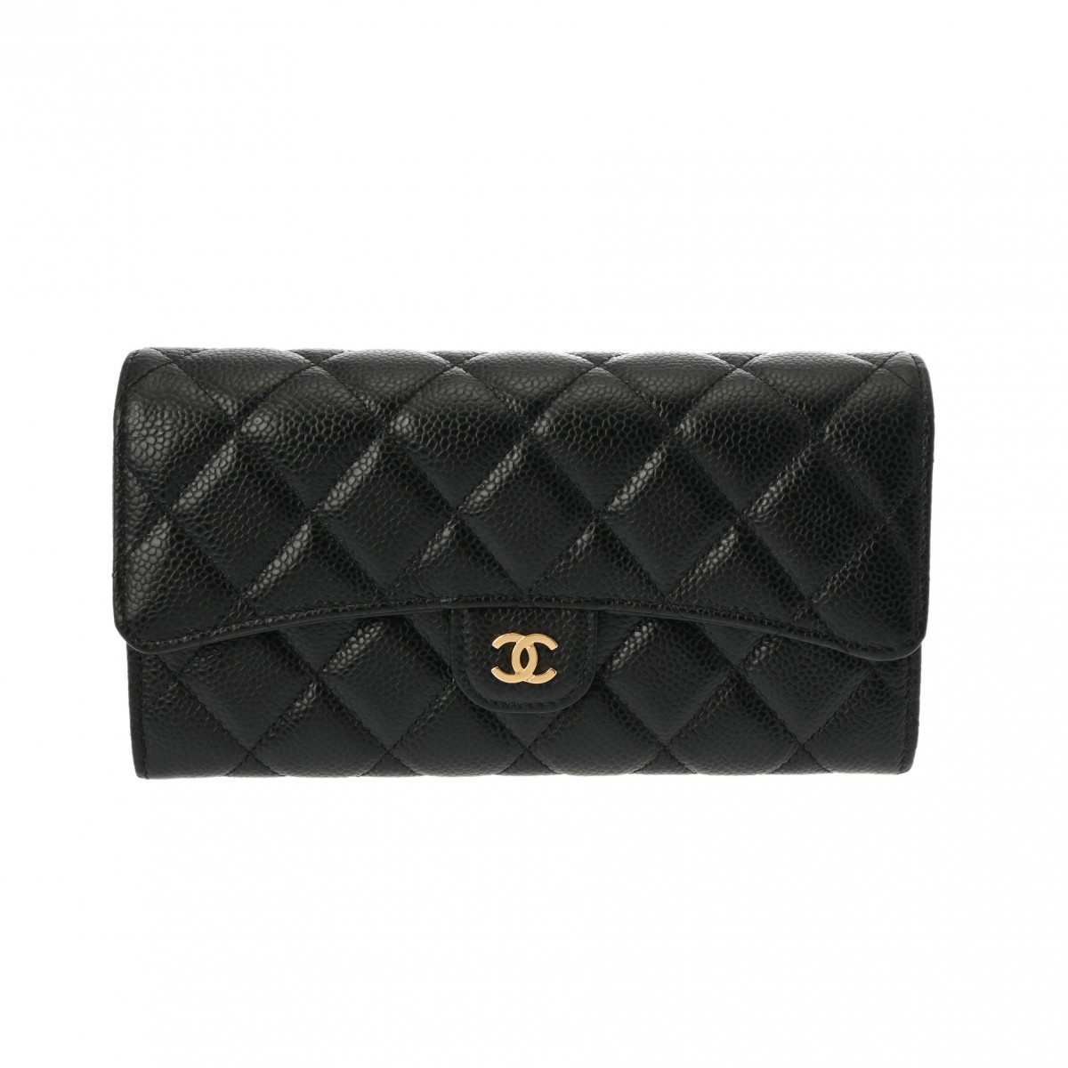 シャネル マトラッセ クラシックロング フラップウォレット ブラック/ゴールド金具 AP0241 グレインドカーフスキン レディース 財布 【中古】【purse】