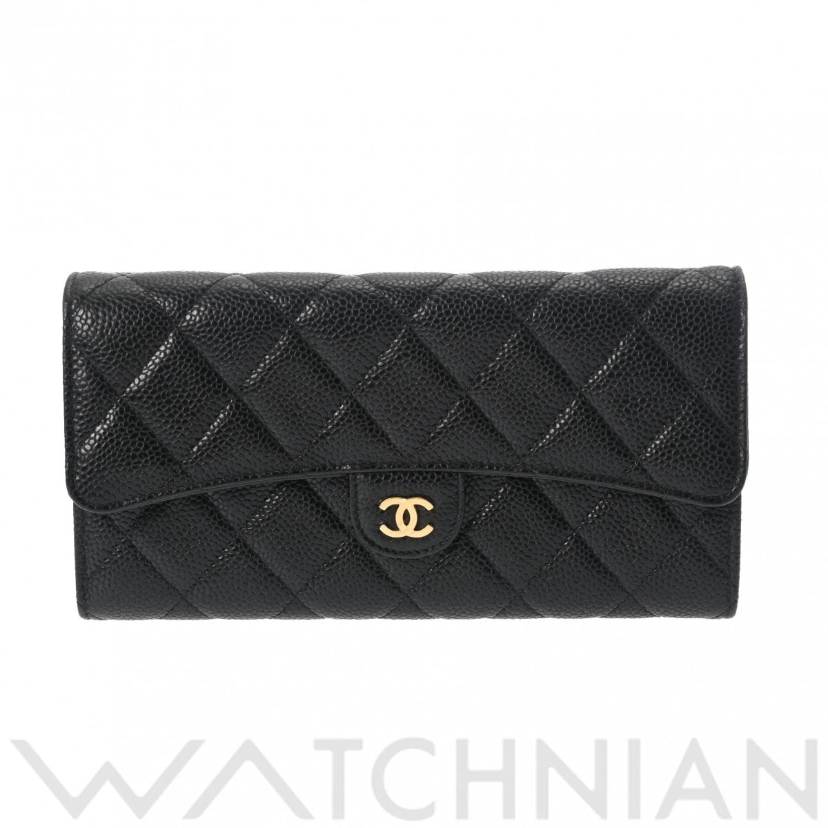 シャネル クラシックロング フラップウォレット ブラック/ゴールド金具 AP0241 グレインドカーフスキン レディース 財布 【中古】【purse】