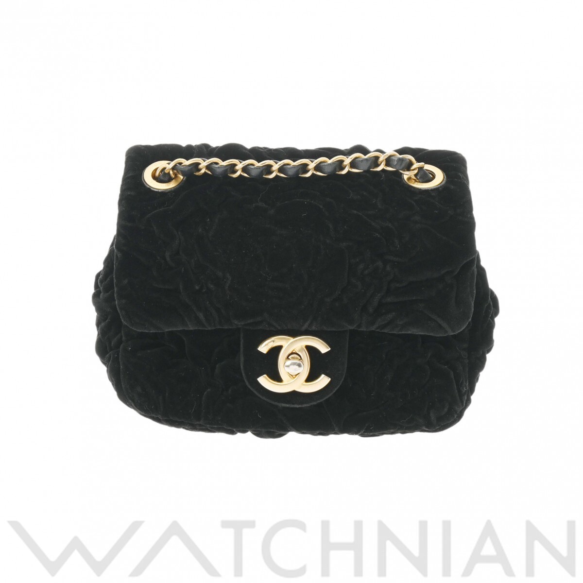 シャネル ミニフラップ チェーンショルダー ブラック/ゴールド金具 ベロア レディース バッグ 【中古】【bag】