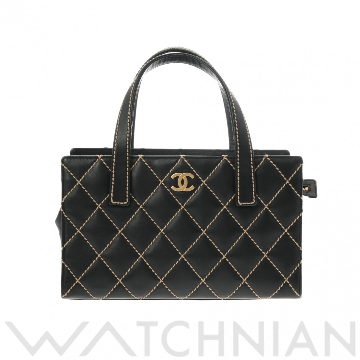 シャネル ワイルドステッチ ブラック/マットゴールド金具 カーフスキン レディース バッグ 【中古】【bag】