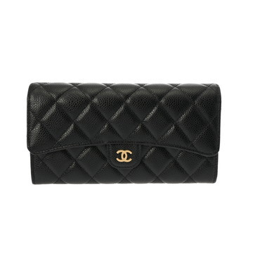 シャネル マトラッセ クラシックロング フラップウォレット ブラック/ゴールド金具 AP0241 グレインドカーフスキン レディース 財布 【中古】【purse】