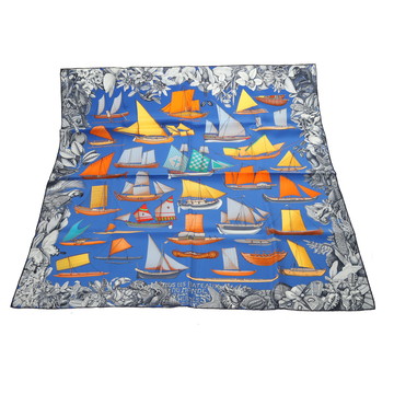 エルメス カレ 90 Tous Les Bateaux du Monde 世界の帆船 ブルー シルク100％ レディース 【中古】【other】