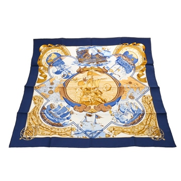 エルメス カレ90 Au-dela des cinq mers ブルー シルク100％ レディース 【中古】【other】