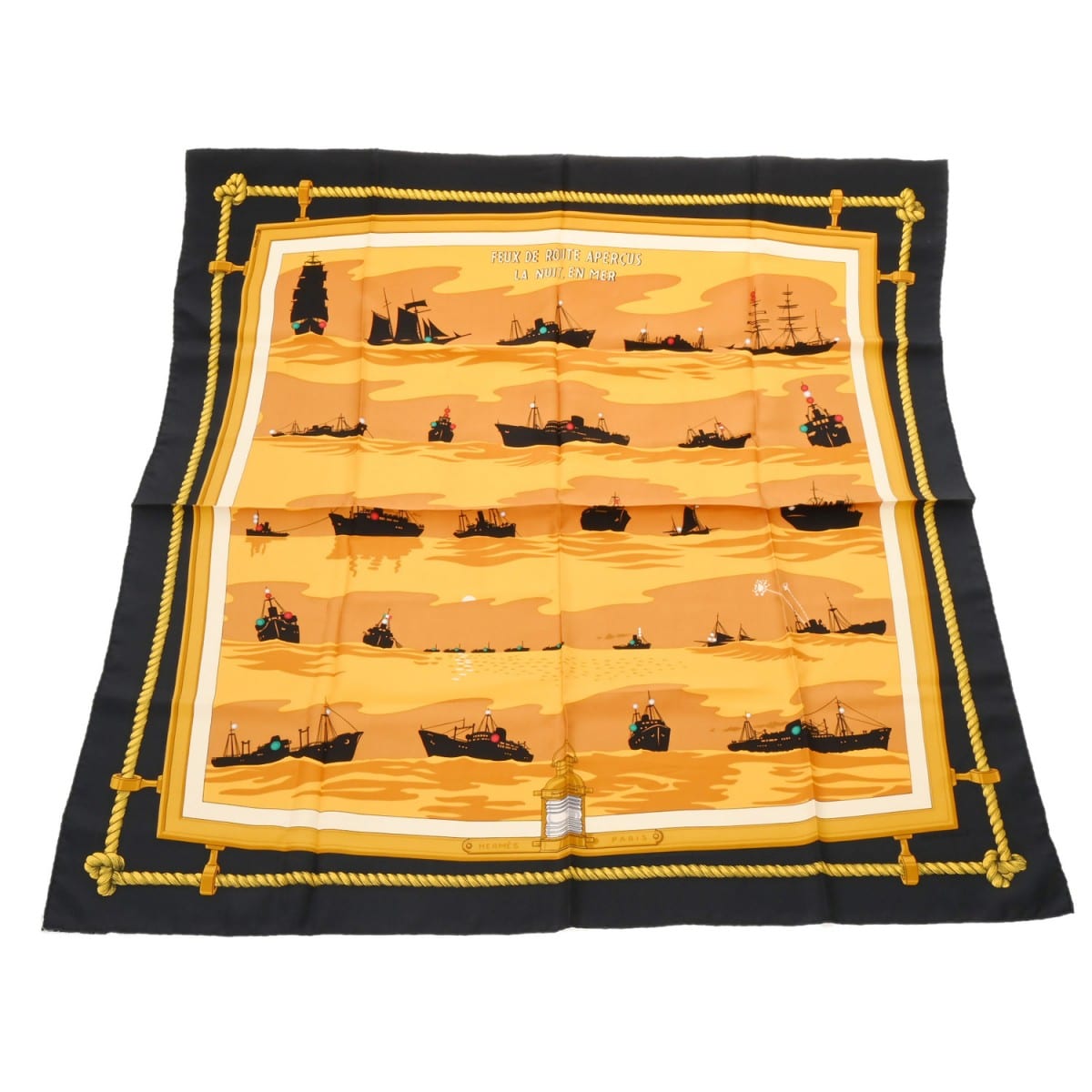 エルメス カレ 90 FEUX DE ROUTE APERCUS LA NUITE オレンジ/ブラック シルク100％ レディース 【中古】【other】