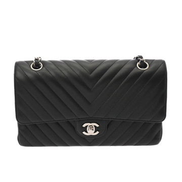 シャネル Vステッチ WフラップWチェーンショルダー 25 ブラック A01112 ラムスキン レディース バッグ 【中古】【bag】