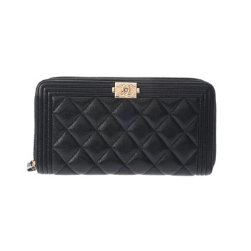 シャネル ボーイシャネル ロングジップウォレット  ブラック A80288 キャビアスキン レディース 財布 【中古】【purse】