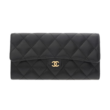 シャネル マトラッセ ロングフラップウォレット ブラック A80758 マットキャビアスキン レディース 財布 【中古】【purse】