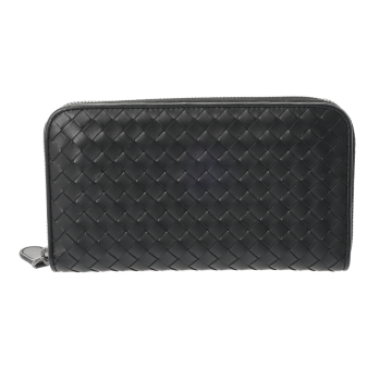 ボッテガ ヴェネタ イントレチャート ラウンドファスナー ブラック レザー ユニセックス 財布 【中古】【purse】