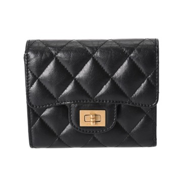 シャネル 2.55 コンパクトウォレット  ブラック カーフ レディース 財布 【中古】【purse】