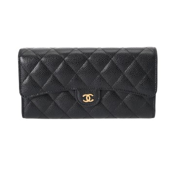 シャネル マトラッセ ロングフラップウォレット ブラック A80758 キャビアスキン レディース 財布 【中古】【purse】